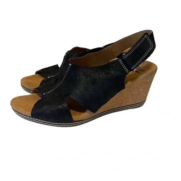 Women’s CLARKS Helio Float Nubuck Black Slingback Wedges Sandals Shoes - Picture 4 of 7